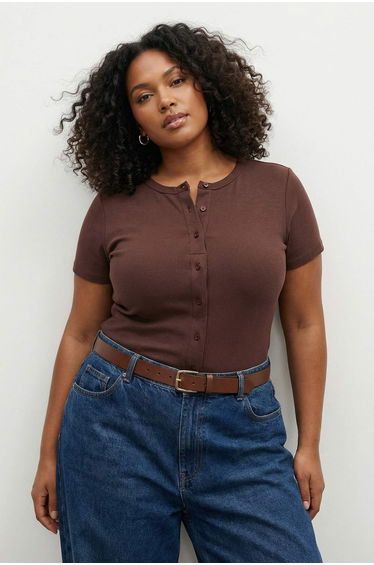 Brown Button Detailed Fitted Corded Fabric Knitted Plus Size Blouse