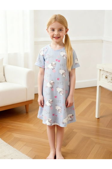 Girls Blue Sheep Print Short Sleeve Nightdress