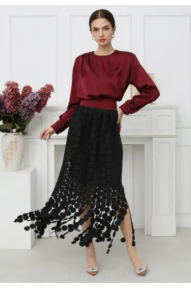 Satin Tie Back Long Sleeves Top in Burgundy