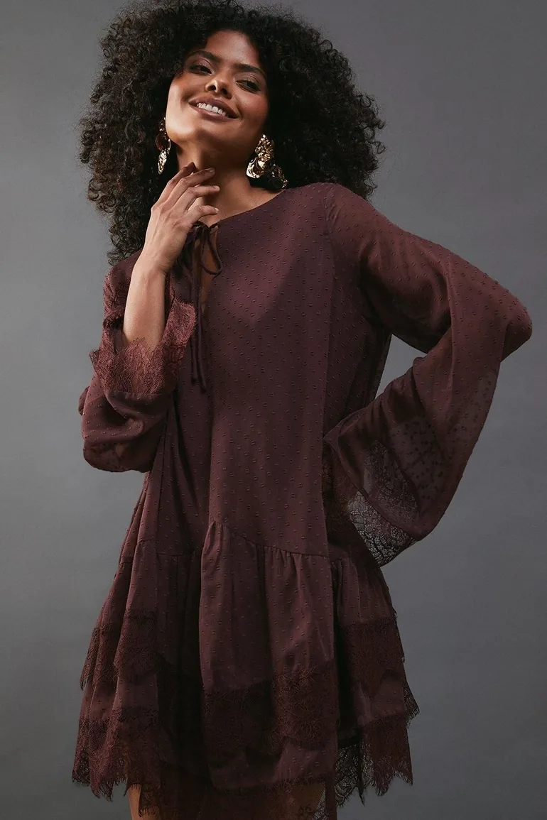 dobby chiffon dress women's mauve dobby chiffon embroidered a-line dress - Janasya