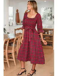 Lvness Red Tartan Plaid Square Neck Puff Sleeve Knot Waist Flared Midi Dress - 4
