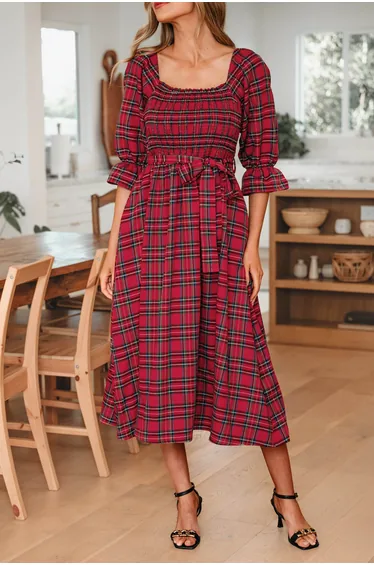 Lvness Red Tartan Plaid Square Neck Puff Sleeve Knot Waist Flared Midi Dress