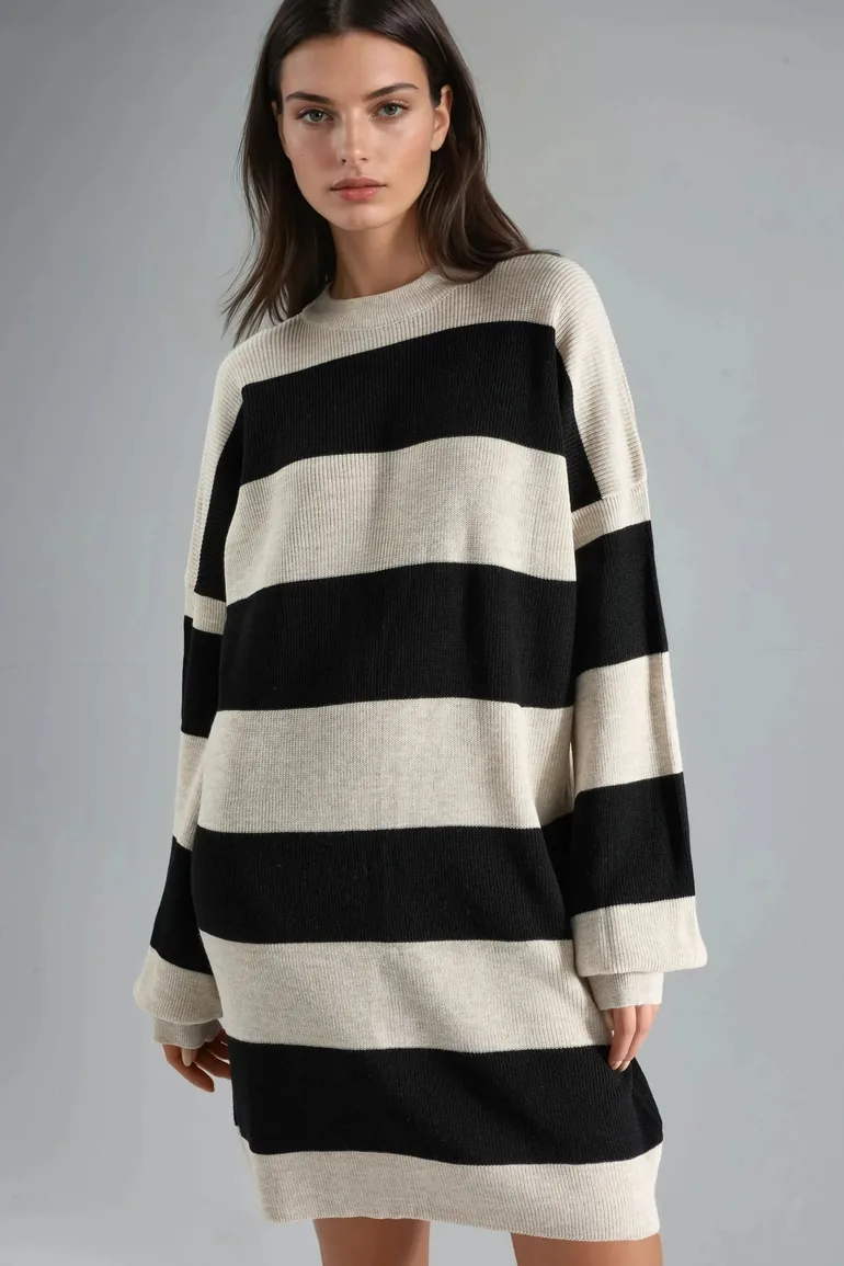 MY FASHION Striped Mini Dress with Crew Neck - 1