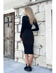 Black Bodycon Midi Dress with Long Sleeves - 3