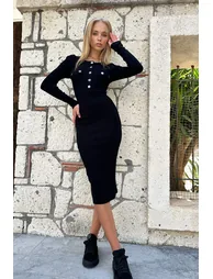 Black Bodycon Midi Dress with Long Sleeves - 1