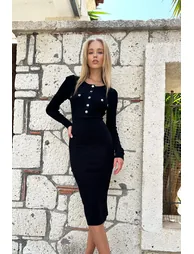 Black Bodycon Midi Dress with Long Sleeves