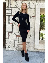 Black Bodycon Midi Dress with Long Sleeves - 2