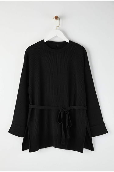 Black Belted Long Knit Sweater