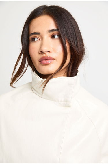 Funnel Neck Belted Faux Leather Jacket - cream product thumbnail 4