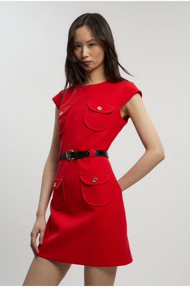 Petite Textured Compact Stretch Tailored Belted Mini Dress