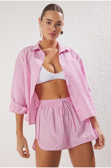 Pink Striped Shirt Shorts Beach Set