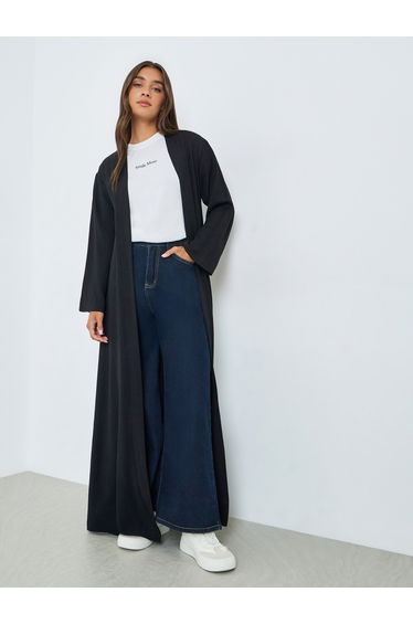 Black Front Open Linen Look Abaya