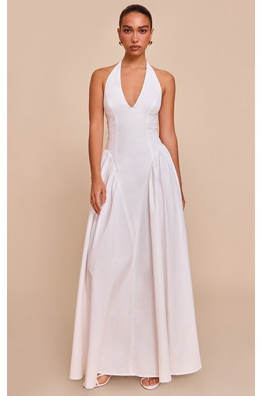 White Woven Halterneck Plunge Midaxi Dress