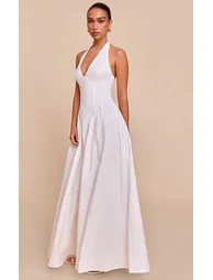 فستان ميداكسي بياقة هالتر عميقة لون أبيض - 2