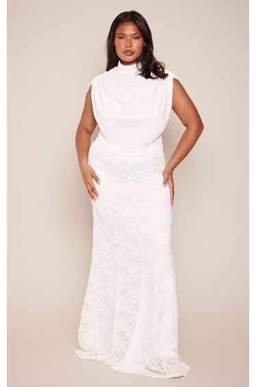 Plus White Chiffon High Neck Pleated Draped Top