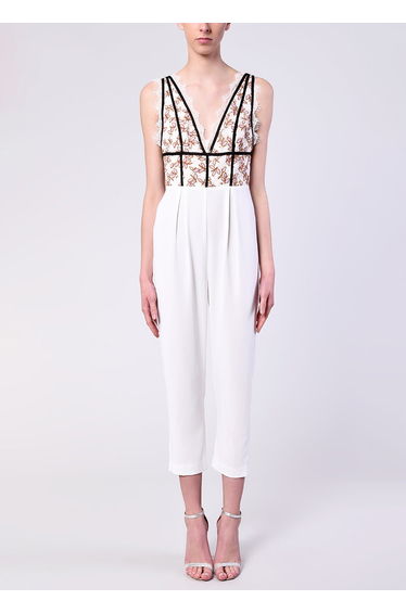 Lilac White Daisy Lace Plunge Front Jumpsuit