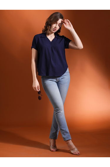 Navy Blue Open Collar Workwear Shirt