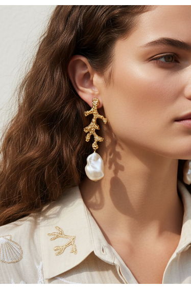 Coral Branch Baroque Pearl Drop Earrings for Beach Walks & Gallery Events
