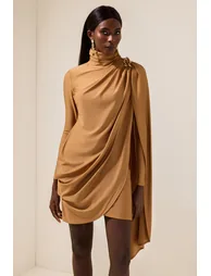 Satin Cape Long Sleeve Mini Dress - 4