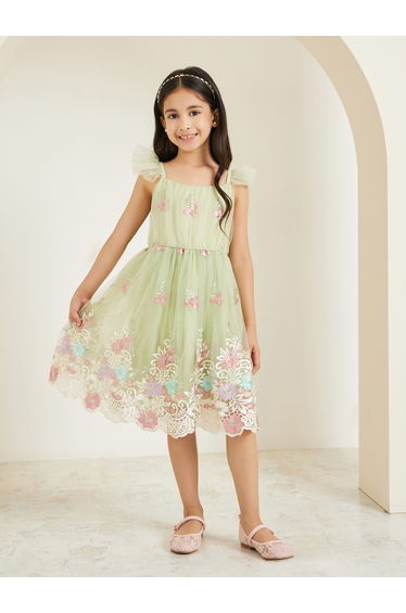 Girls Green Floral Embroidered Strappy Dress