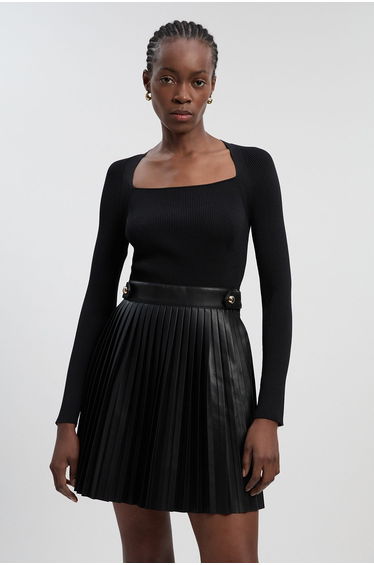 Viscose Rib Pu Mix Tab Detail Pleated Knit Mini Dress