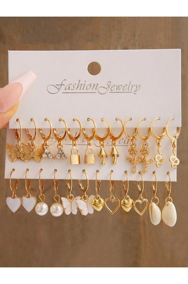 Set of 12 - Gold Hoop Drop Earrings