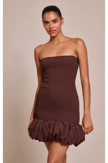 Chocolate Shirred Bandeau Bodycon Dress