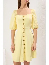 Yellow A-Line Balloon Sleeve Mini Woven Dress - 2