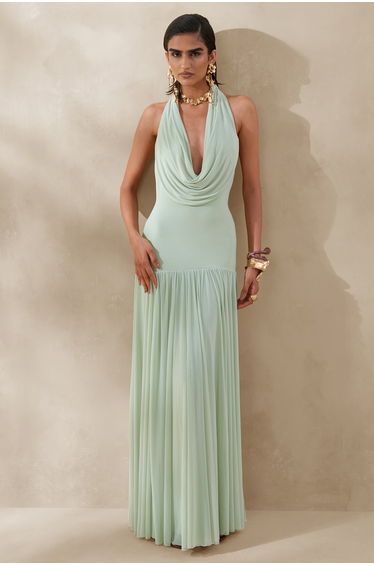 Verity | Green Cowl-Neck Maxi Dress With Sheer-Skirt