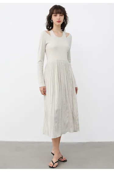 فستان ميدي لون كريمي بمظهر قطعتين