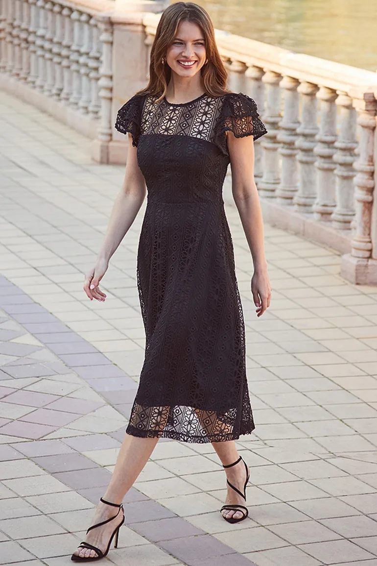 Shop Black Broderie Lace Flutter Sleeve Fit & Flare Midi Dress Online in  Qatar