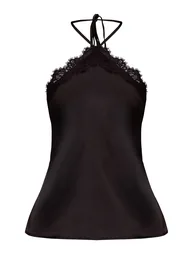 Black Satin Lace Trim Halterneck Cami Top - 4