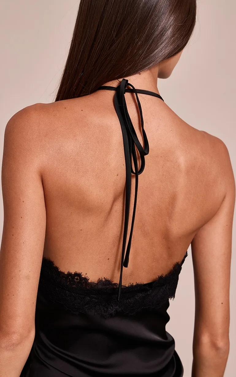 Black Satin Lace Trim Halterneck Cami Top - 3