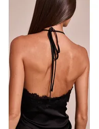 Black Satin Lace Trim Halterneck Cami Top - 3
