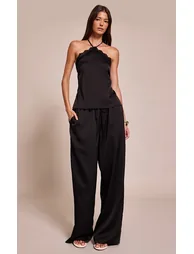 Black Satin Lace Trim Halterneck Cami Top - 2