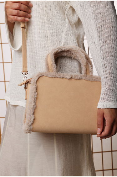 Kismet Borg Trim Tote Bag with Cross Body Strap In Camel