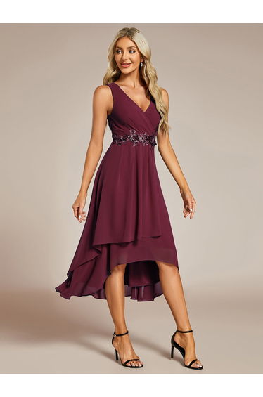 ever IRYS|Sleeveless V-Neck High Low Wedding Guest Dress with Floral Applique