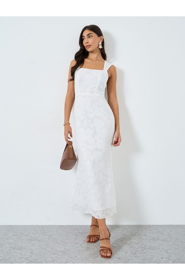 Solid All-Lace Square Neck Cami Midi Dress