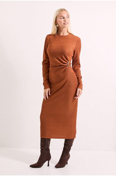 Buckle Twist Front Crinkle Jersey Midi Dress