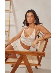Petite Cream Halterneck Crochet Crop Top