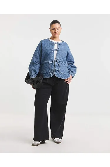 Mid Blue Quilted Tie Front Denim Jacket