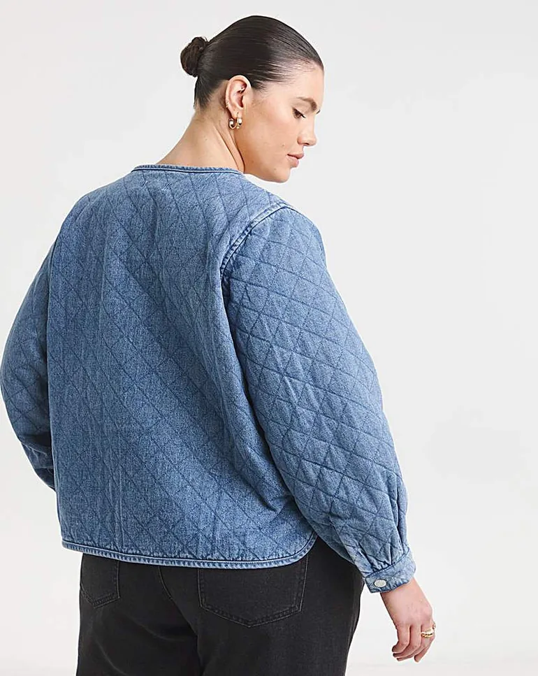 Mid Blue Quilted Tie Front Denim Jacket - 2