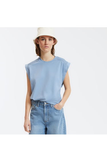 Sleeveless Round-Neck T-Shirt with Gathered Shoulders