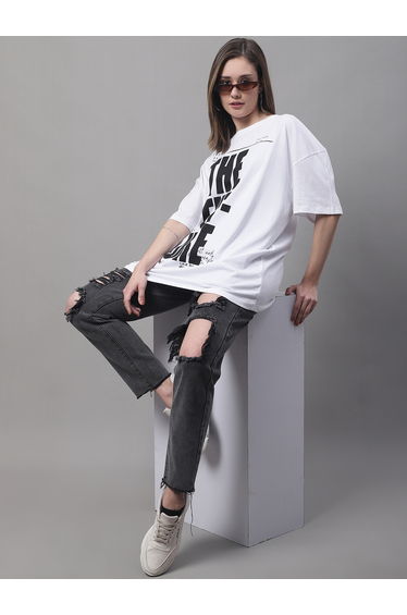 Women White Oversized Slogan Print T-Shirt