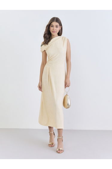 Women Beige One-Shoulder Pleated Midi Dress