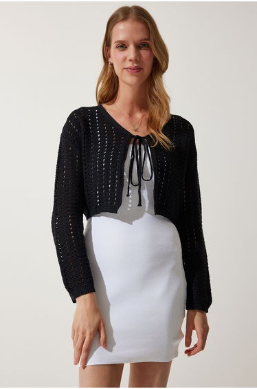 Women's Black Openwork Knitwear Bolero Cardigan