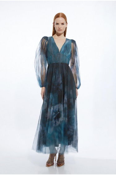 Blurred Floral Tulle Plunge Maxi Dress