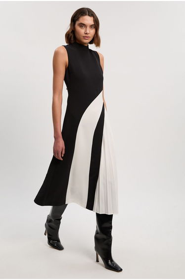Soft Tailored Colour Block High Neck Pleated Midi Dress