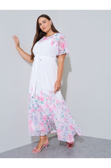 Plus Size White Floral Print A-Line Maxi Dress
