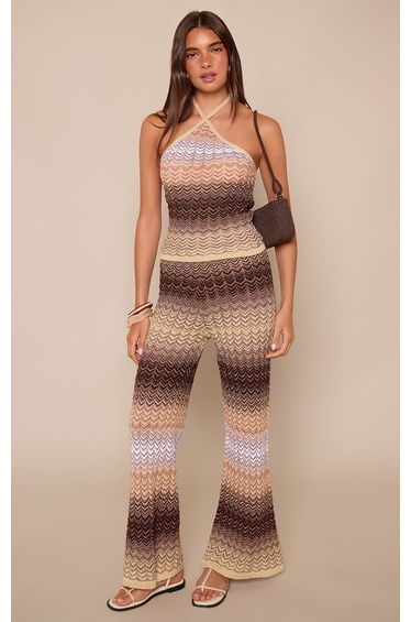 Orange Chevron Knit Drawstring Detail Wide Leg Trousers